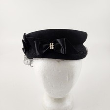 Vintage Fur Felt Hat Cap Fitted Womens Small Veil Bow Elegant 50s 60s