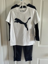 Puma Kids 3 Piece Set Boys Size 5 Blue White Shirt Pants Logo Outfit NWT