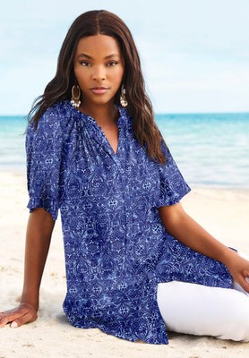 Roaman's Women's Plus Size Angelina Crinkle Crepe Y-Neck Short Sleeve Tunic