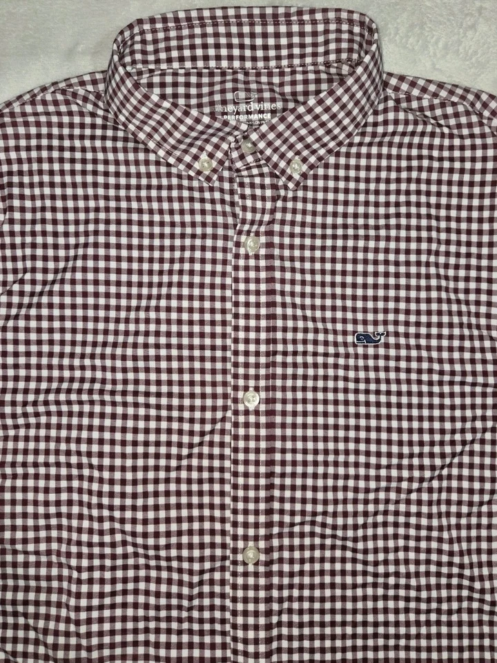 Camisa Vineyard Vines masculina XL 18 botões baleia desempenho Borgonha Gingham - Imagem 4 de 4