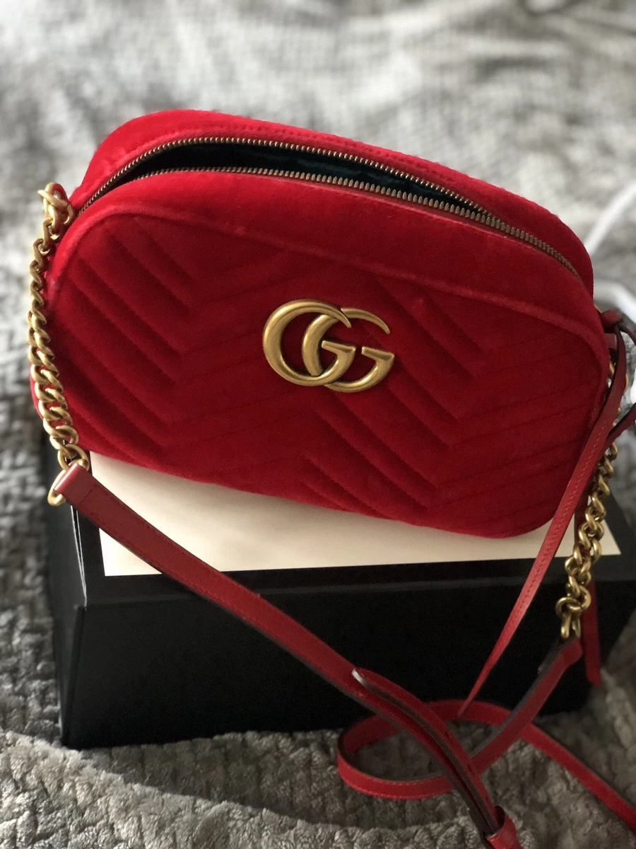 Gucci Red Velvet GG Marmont Mini Chain Crossbody Bag