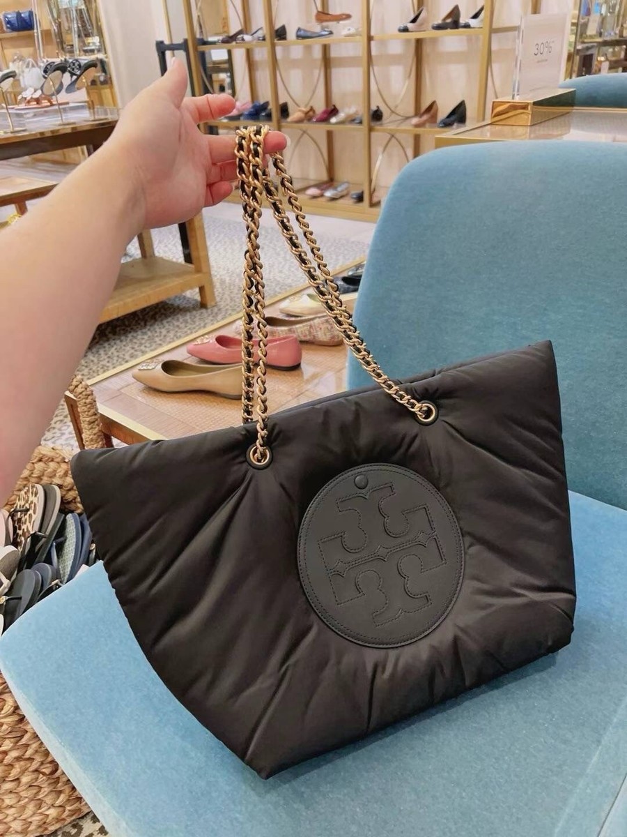 TORY BURCH ELLA Logo Black Puffy Chain Tote Shopper Bag