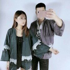 Men Women Unisex Kimono Yukata Japanese Cardigan Jacket Coat Chinese Haori Grey