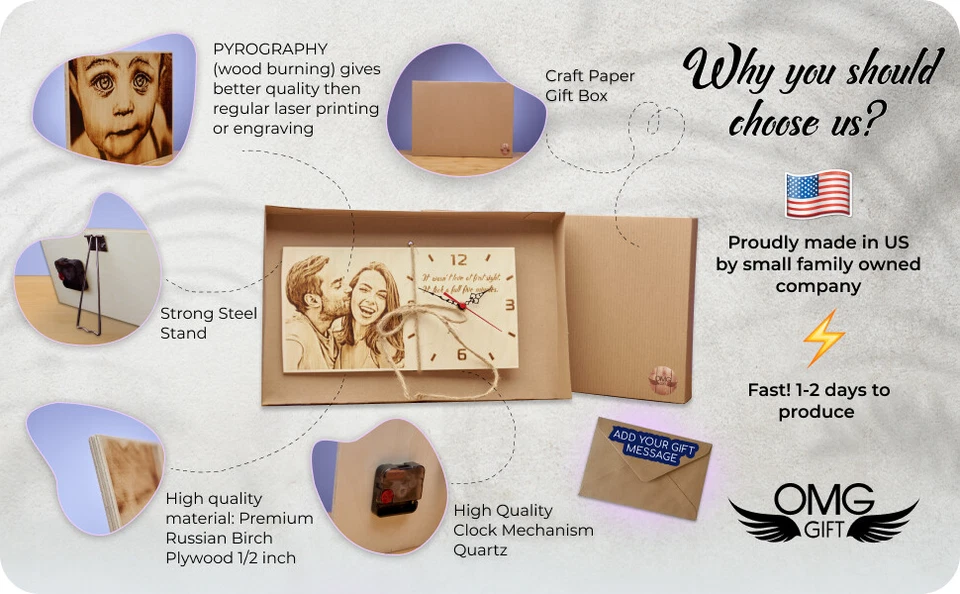 Personalized Wood Burned Desk Photo Clock - Custom Fathers Day Gifts -Pyrography - Image 4 of 4