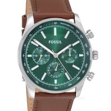 FOSSIL Sullivan Mens Multifunction Watch, Green Dial Day Date Brown Leather Band
