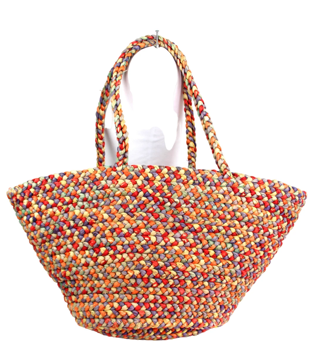 X LARGE HANDCRAFTED MULTICOLOR STRAW BASKET SHOULDER BAG SATCHEL HANDBAG PURSE