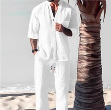 Men Linen Outfit 2-Piece Set Half Sleeve Button Shirt and Pants Sweatsuit Set