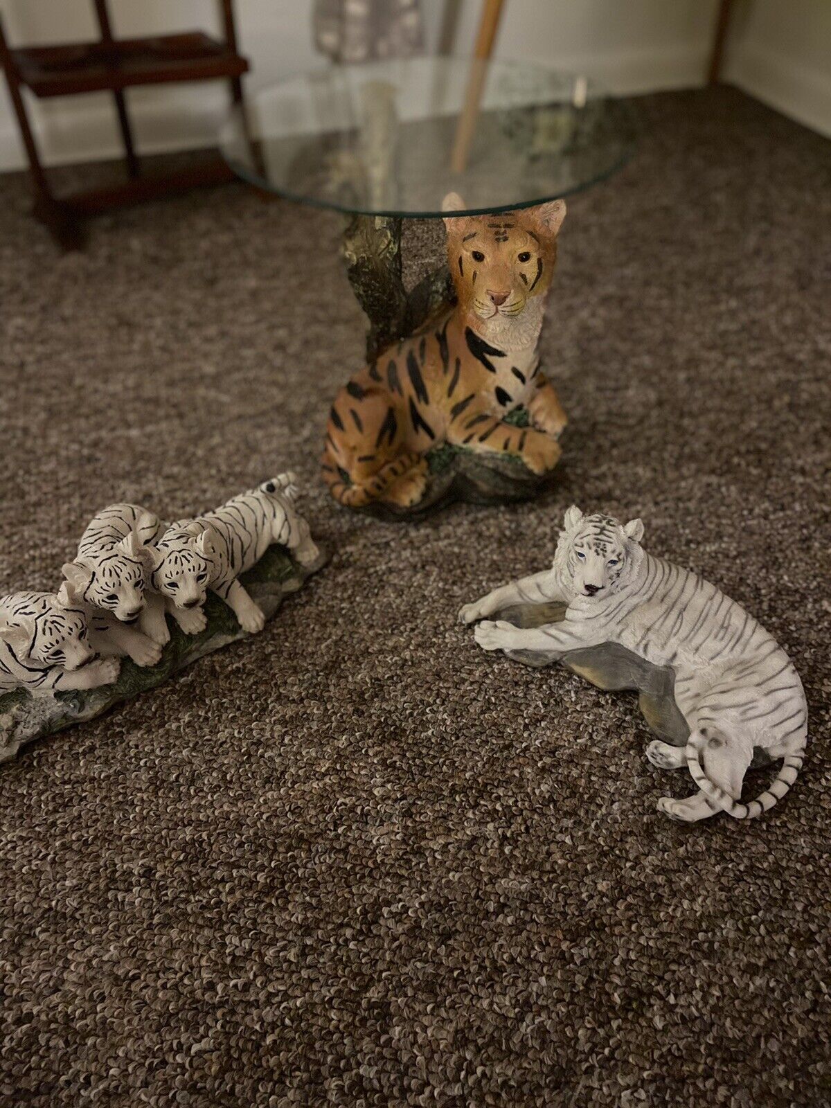 Vintage Tiger Statue W/ Round Glass Table Top & Two Black & White Tigers  Figures | eBay