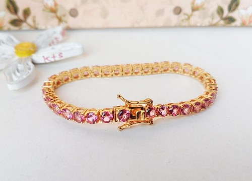 8Ct Round Lab Created Pink Ruby Women's Tennis Bracelet 14K Yellow Gold Plated - Picture 5 of 5