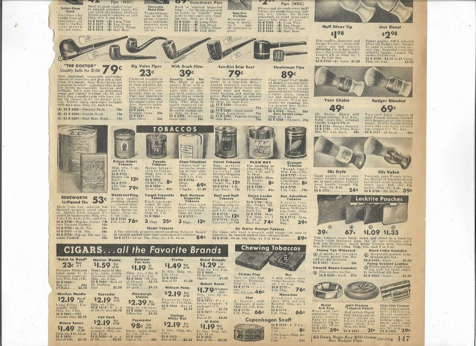 Catálogo Wards 1936 página de anuncios SNAP-KLEEN PIPA TERCIOPELO BORDEWORTH CORREA DE AFEITAR TABACO Foto 3 de 4