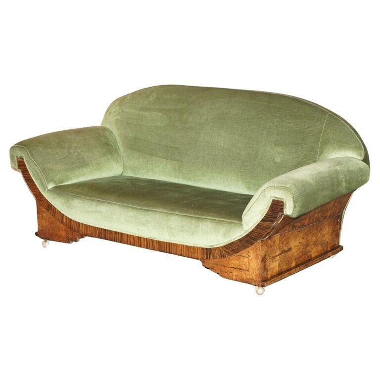 STYLISH ANTIQUE ART DECO CIR 1920 BURR WALNUT GREEN VELOUR STYLISH ANTIQUE ART DECO CIR 1920 BURR WALNUT GREEN VELOUR