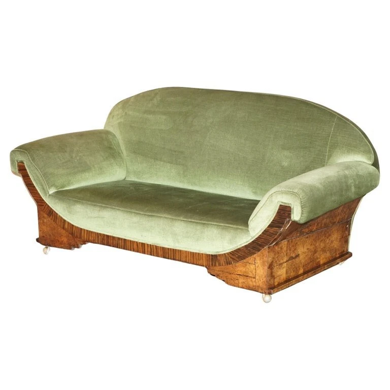 STYLISH ANTIQUE ART DECO CIR 1920 BURR WALNUT GREEN VELOUR SOFA PART OF A SUITE
Opens in a new windo