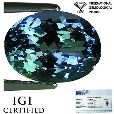 3.95 Ct IGI Certified AA Natural D Block Tanzanite Violet Green Color Oval Cut