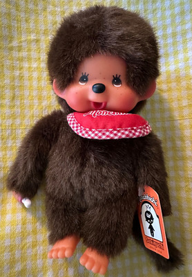 Monchhichi Sekiguchi stuffed plush Monkey w tags 7'' Has bottle & red bib PreOwn