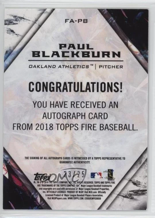 2018 Topps Fire Fire Auto Magenta /25 Paul Blackburn #FA-PB Rookie Auto RC - Image 2 of 3