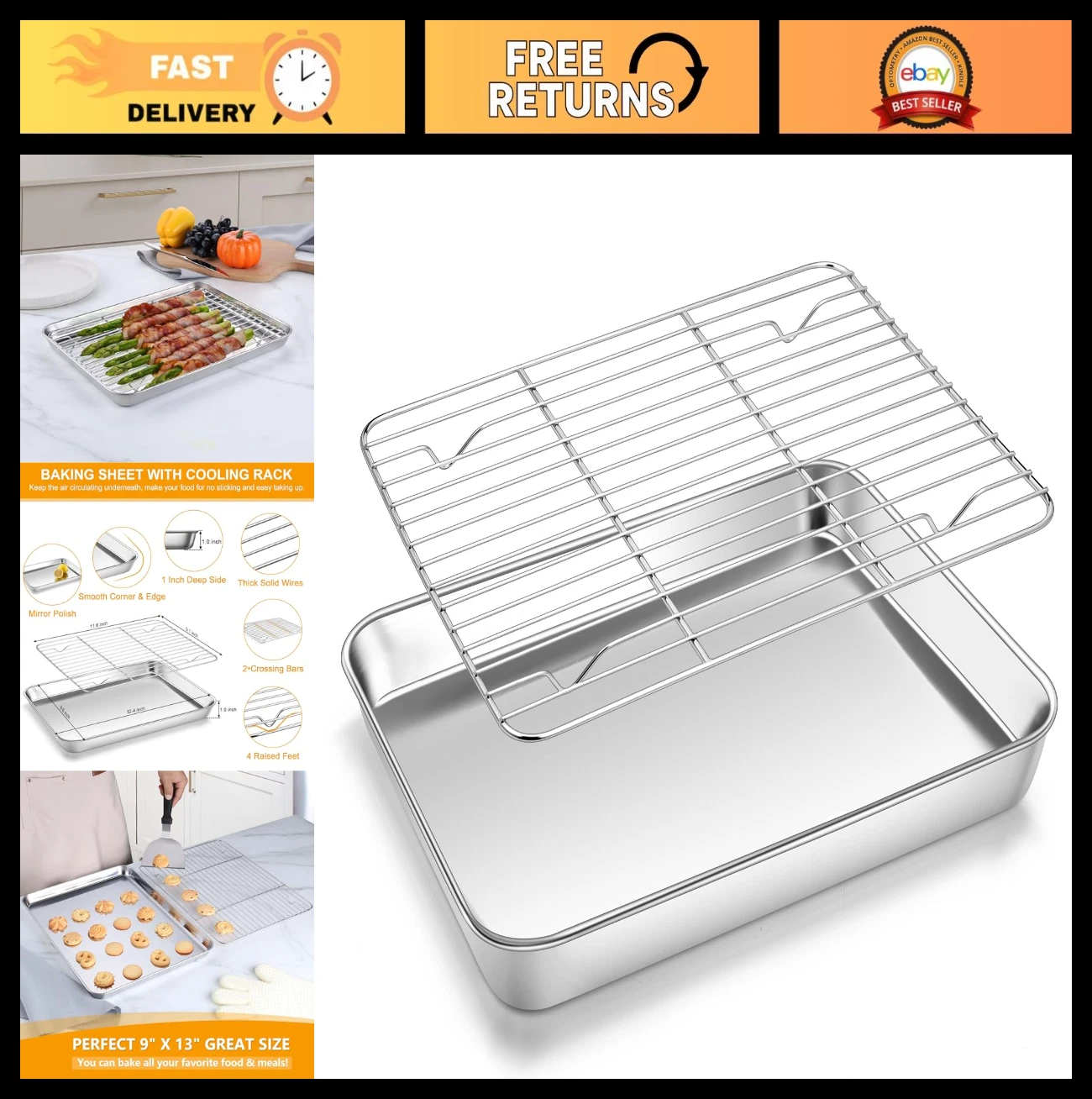 Stainless Steel Quarter Sheet Pan with Cooling Rack - 9x13 Roasting & Baking Tra