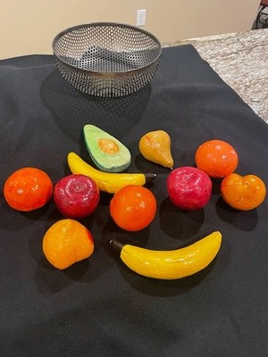 Vintage Papier Mache Fruit with metal mesh basket 11 pieces + basket 10X4'' A++
