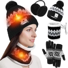 USB Heated Hat Women Ear Muffs Gloves Winter Knitted Beanie Hats Touch Screen...