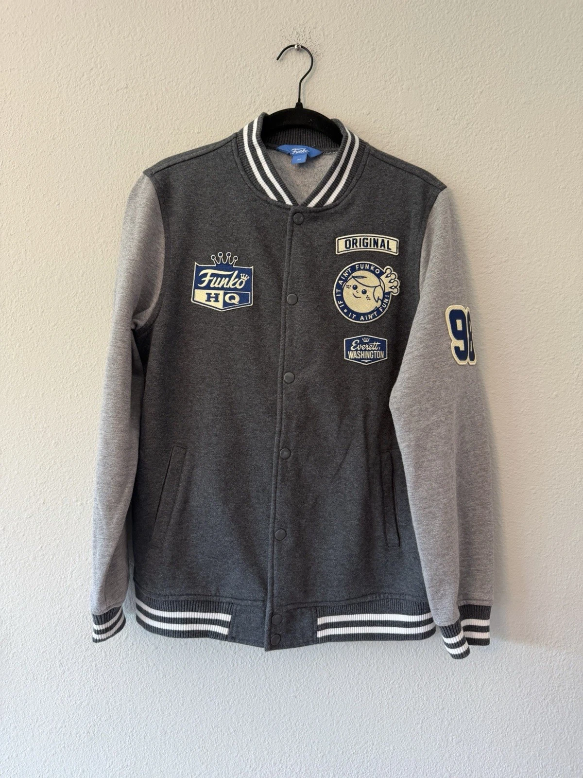 Freddy Funko Mens Letterman Jacket XS HQ Headquarters Gray Varsity Snap Coat image 1