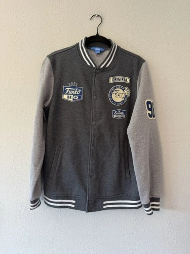 Freddy Funko Mens Letterman Jacket XS HQ Headquarters Gray Varsity Snap Coat video thumbnail