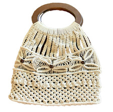 Vintage Macrame Boho Purse With Wooden Handles Wooden Beads Handmade