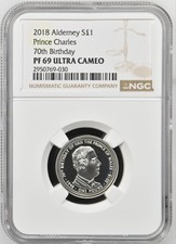TOP POP 2018 Alderney Silver £1 Prince Charles 70th Birthday Proof NGC PF69