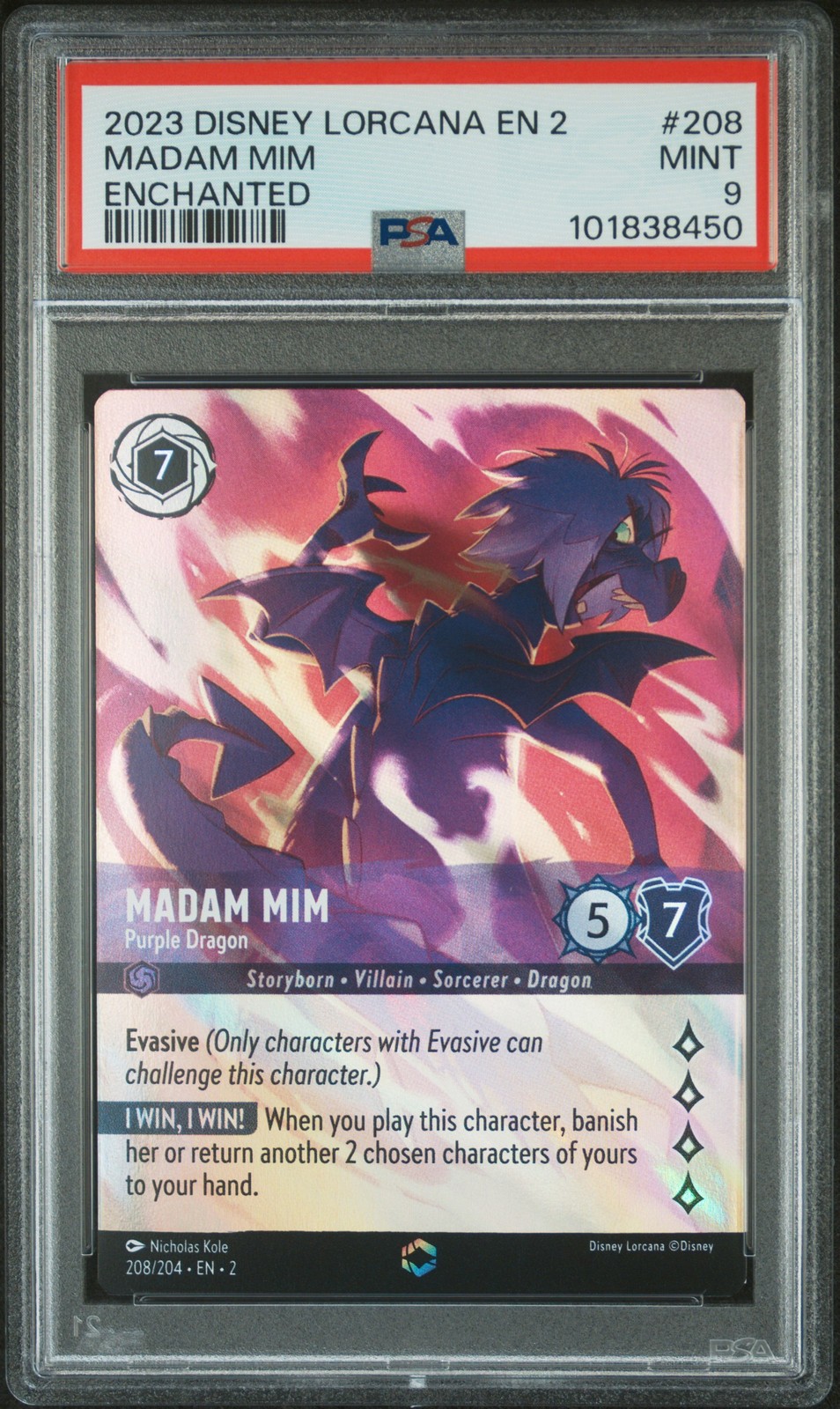 2023 DISNEY LORCANA EN 2-RISE OF THE FLOODBORN MADAM MIM - PURPLE DRAGON PSA 9