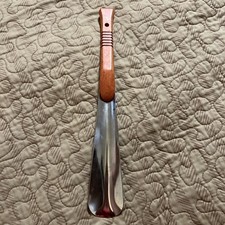 11 1/2" METAL SHOE HORN WITH HANDSOME WOOD HANDLE and Leather Str NEW