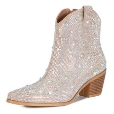 FIFSY Rhinestone Boots Sequin Sparkly Booties, Pointed Toe Chunky High Heels