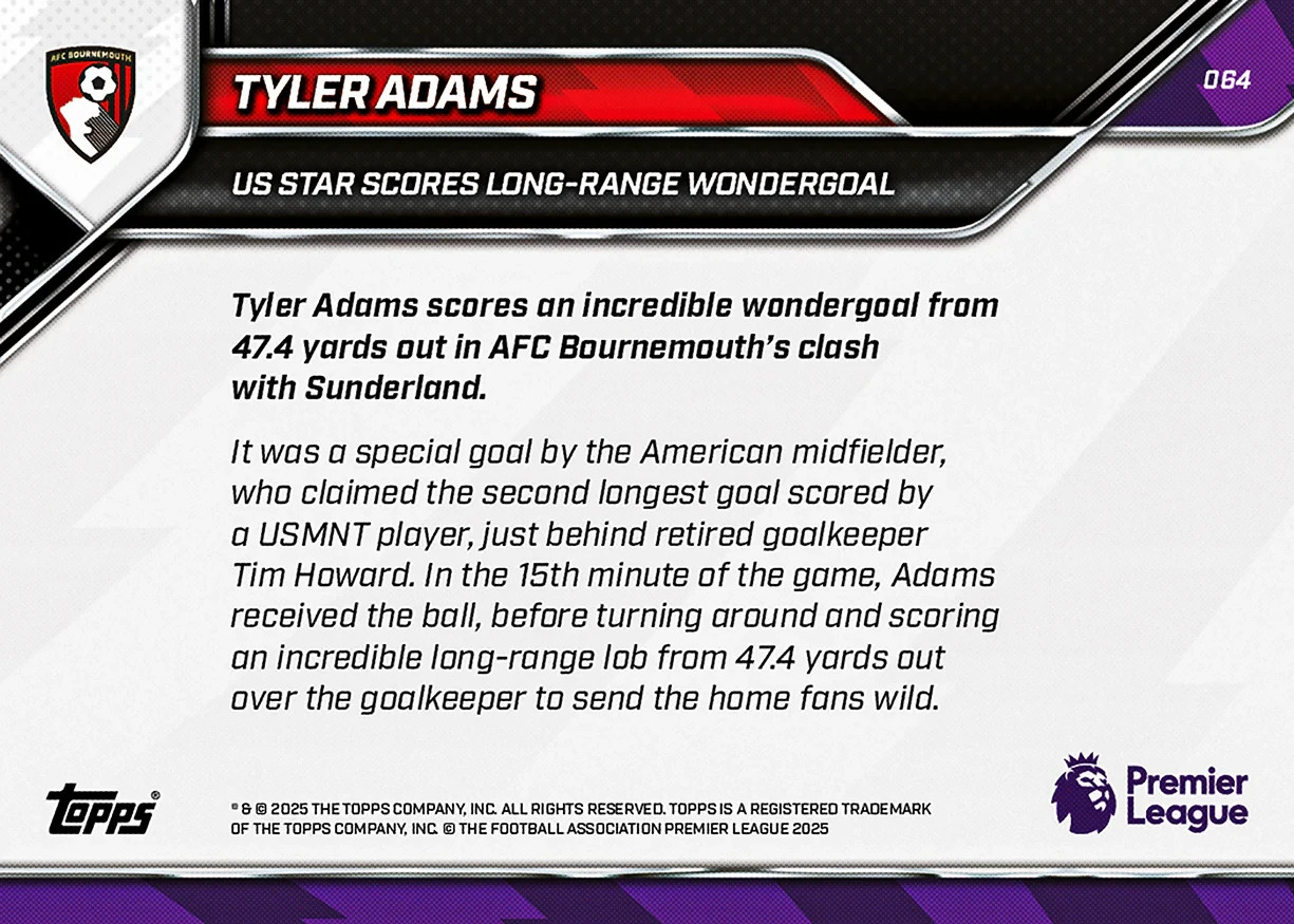 Tyler Adams 2025-26 Premier League Topps Now #64 AFC Bournemouth Presale