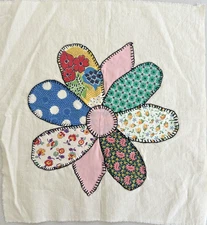 Vintage 1960s Floral Quilt Block Dresden Plate Applique Hand Stitched 12" Square