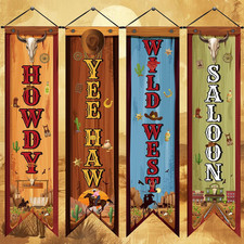 4 Western Party Decorations Cowboy Banners Wild West Hanging Decor Howdy Yes Haw