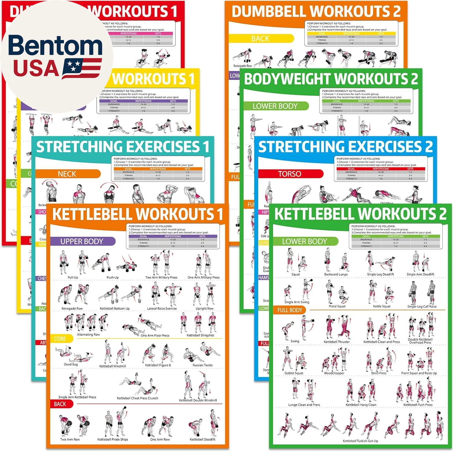 8PCS Workout Posters for Home Gym Dumbbells, Bodyweight, Stretching, Kettlebell
