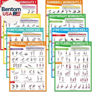 8PCS Affiches d'entraînement pour Dumbbells de gymnastique à domicile, poids corporel, stretching, kettlebell