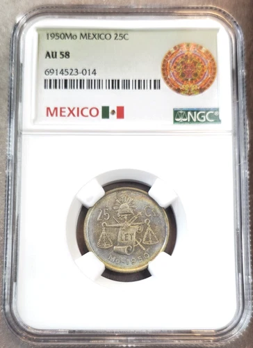 1950 MEXICO SILVER 25 CENTAVOS BALANCE SCALE NGC AU 58 GREAT COLOR TONED