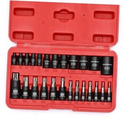  25 Piece Torx Bit and Socket Set, 13 Star Bits (T8- T60) T8-T60,E4-E22(25PCS)