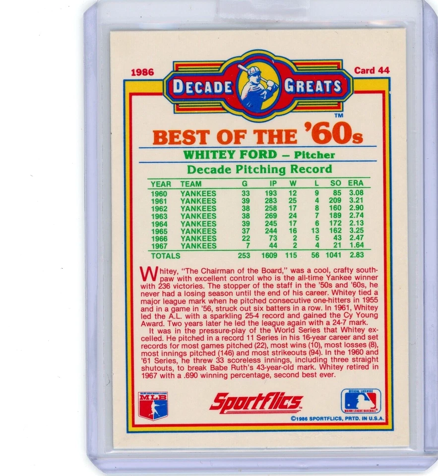 Whitey Ford 1986 Sportflics Decade Greats HOF YANKEES - Image 2 of 2