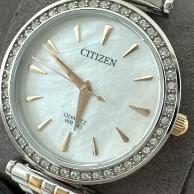 Citizen Womens Quartz Crystal Accent Bezel Silver Gold Watch 30mm ER0216-67D
