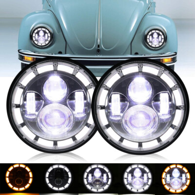 7-inch Round Chrome LED Headlights With Halo DRL – Hi/Lo Beam For VW Beetle 1950-1979