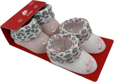 Nike Baby 2 Pk White Pink Ankle Cotton Animal Print Booties Sock Set Sz 0-6 MO