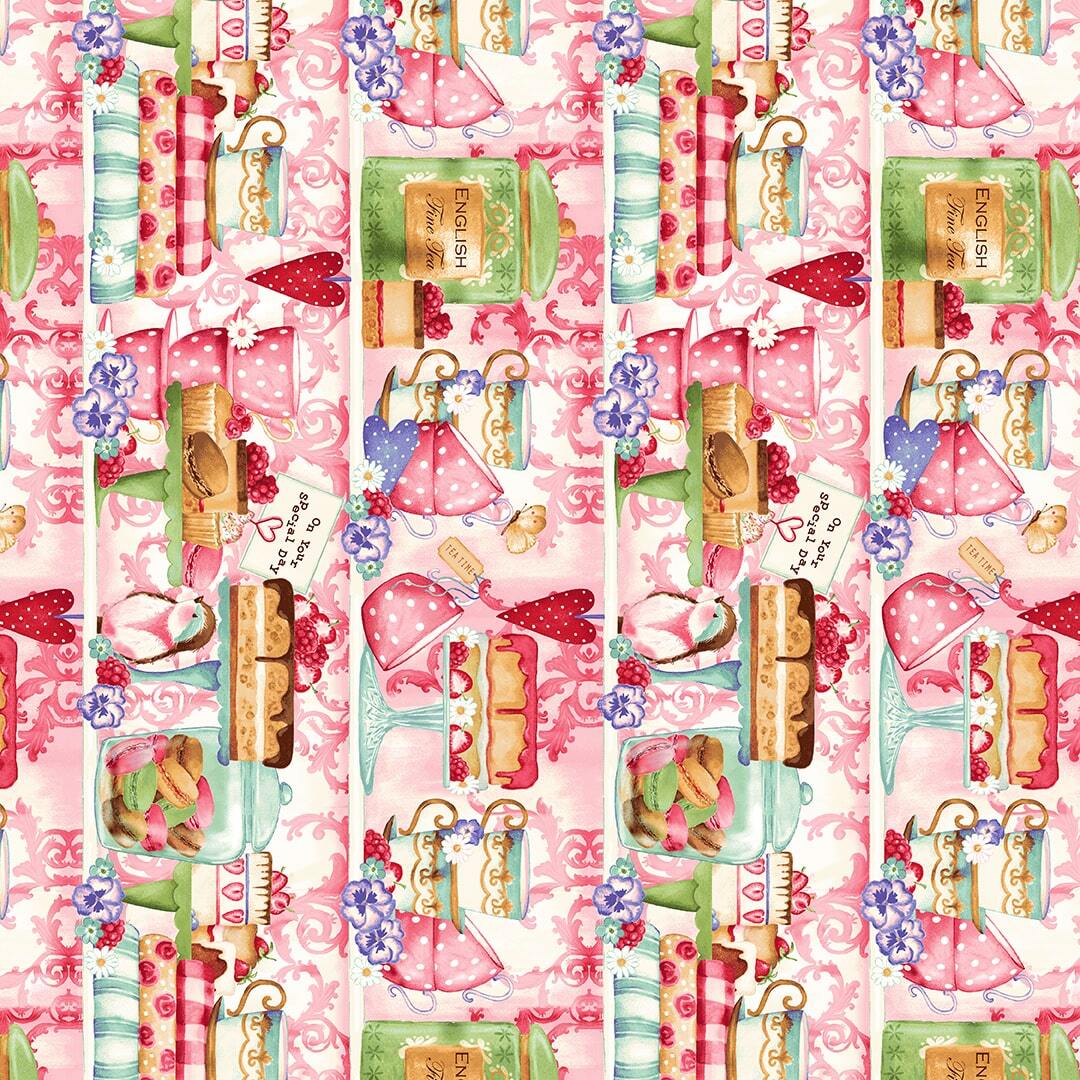 Food Fabric | Tweets Treats Tea & Cupcake Dessert Stripe Pink