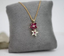 2Ct Pear Lab Created Pink Ruby Flower Pendant 18" Chain 14K Yellow Gold Finish