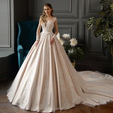 Champagne Appliques Satin Ball Wedding Dress Cathedral Train Corset Bridal Gown
