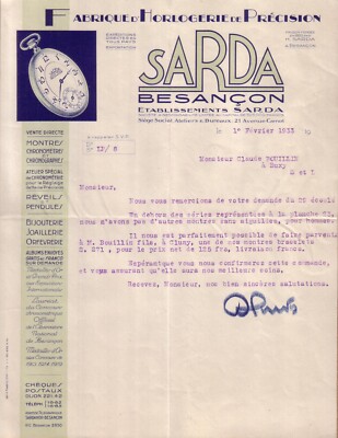 BESANCON - LETTER FACTORY OF PRECISION WATCHMAKING SARDA - 1933