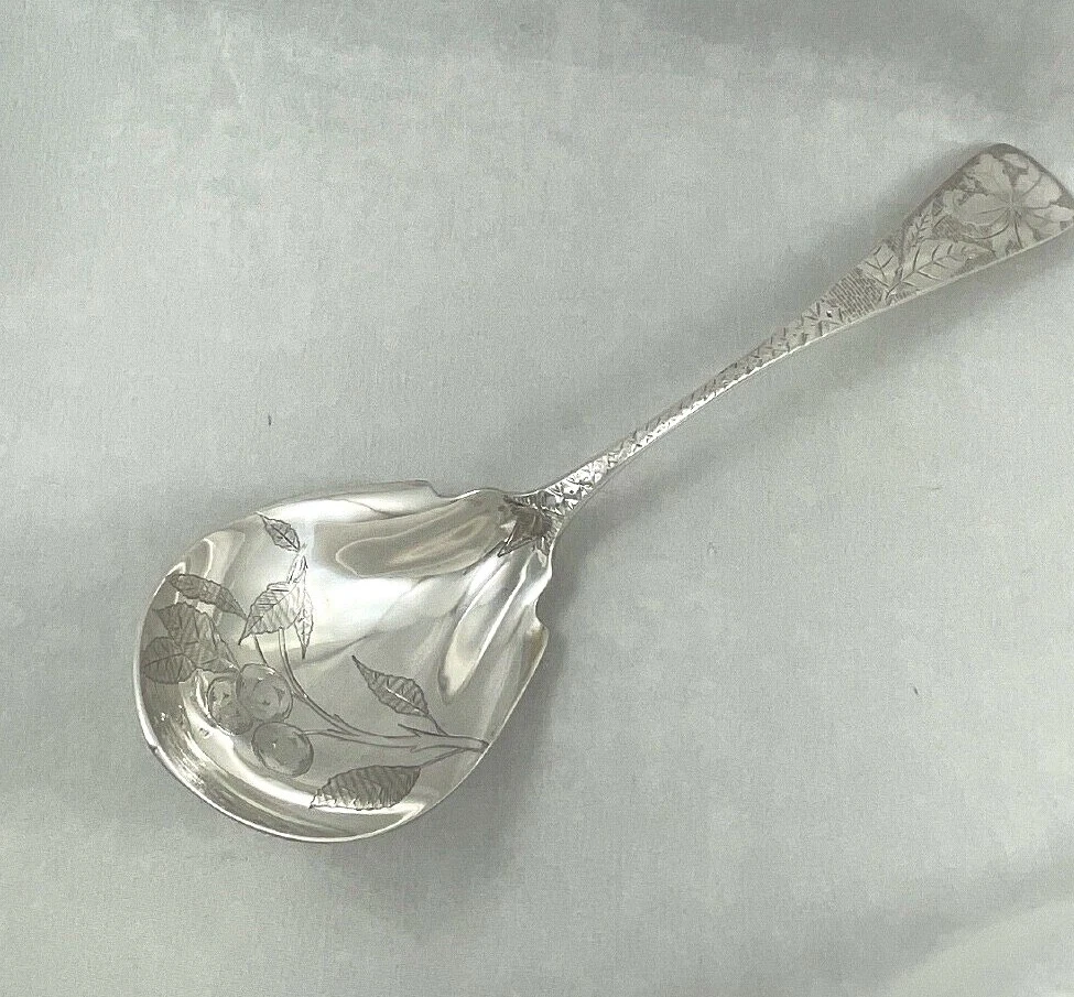 Beautiful Brite Cut Decorated Sterling Serving Spoon w/Cherries / Oranges 9 1/2"