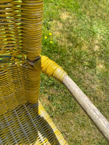 Vintage Canary Yellow Wicker Chair Armchair Reading Bamboo Wicker Rustic Boho - Picture 17 of 18