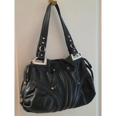 B. Makowsky Black Pebbled Leather Hobo Shoulder Bag Silver Hardware Studded