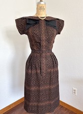Vintage 1950s Paul Sachs Black  Brown Print Cotton Dress Hourglass Fit Bow