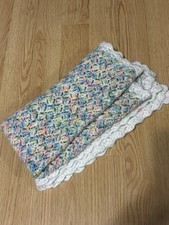 Handmade Crochet Pastel Baby Blanket With White Scalloped Border, Nursery Spring