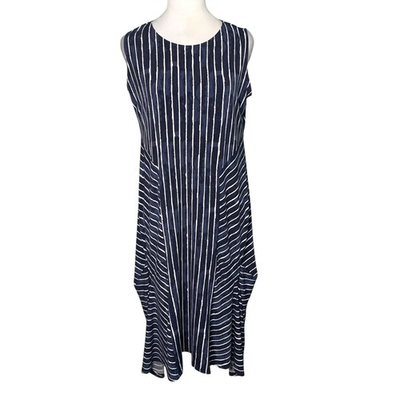 #ad Sympli Womens Size 10 Navy Blue amp; White Abstract Stripe Artsy Lagenlook Dress $39.99
